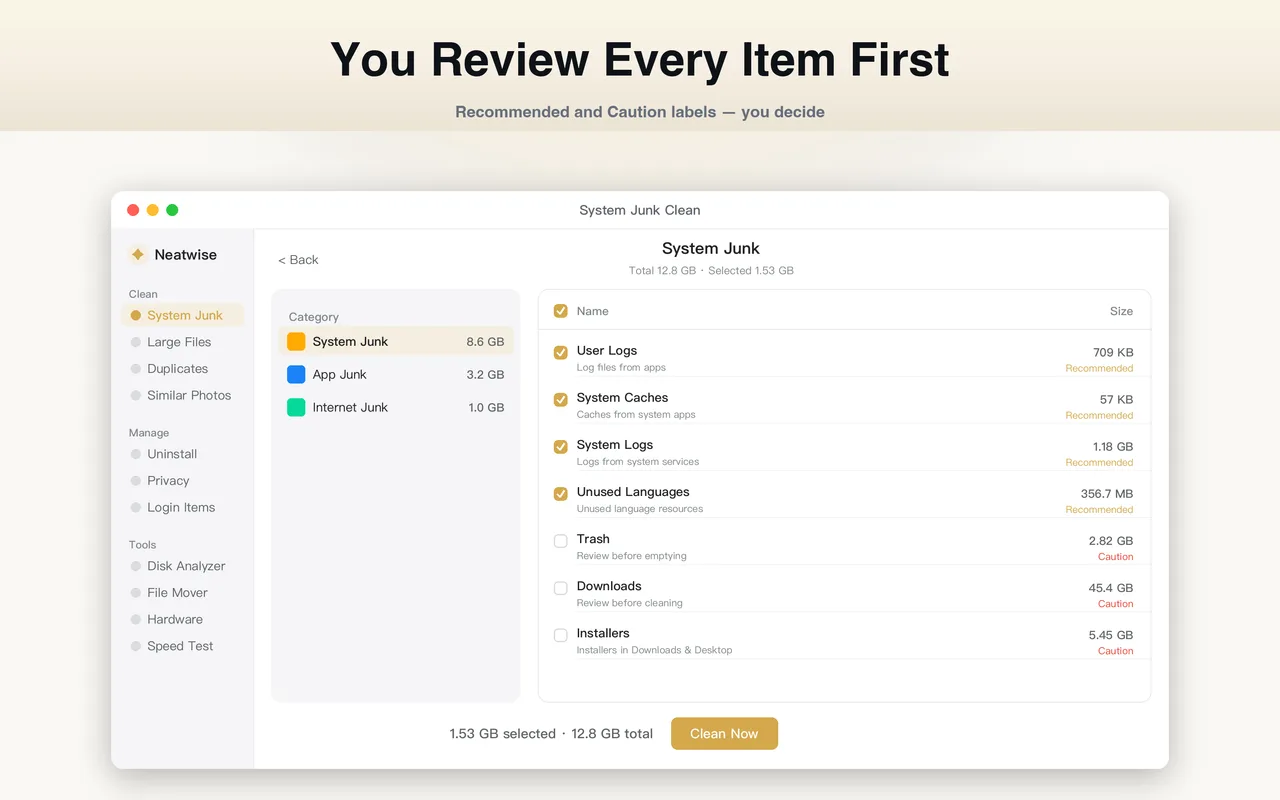 Review before cleaning — every item is listed with a Recommended or Caution label, and folders like Downloads are left unchecked by default.