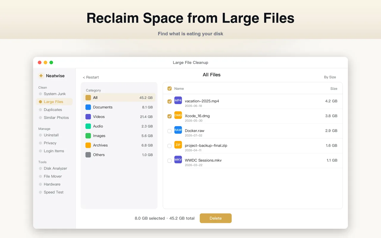 Large File Cleanup sorts files by size so the biggest items can be reviewed first.