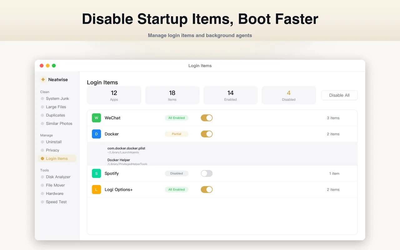 Login Items lists startup apps and background agents with a toggle for each.